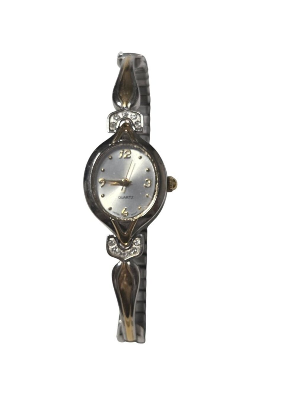 Vintage Quartz Watch Silver Gold Tone Rhinestone Needs Battery Untested As Is